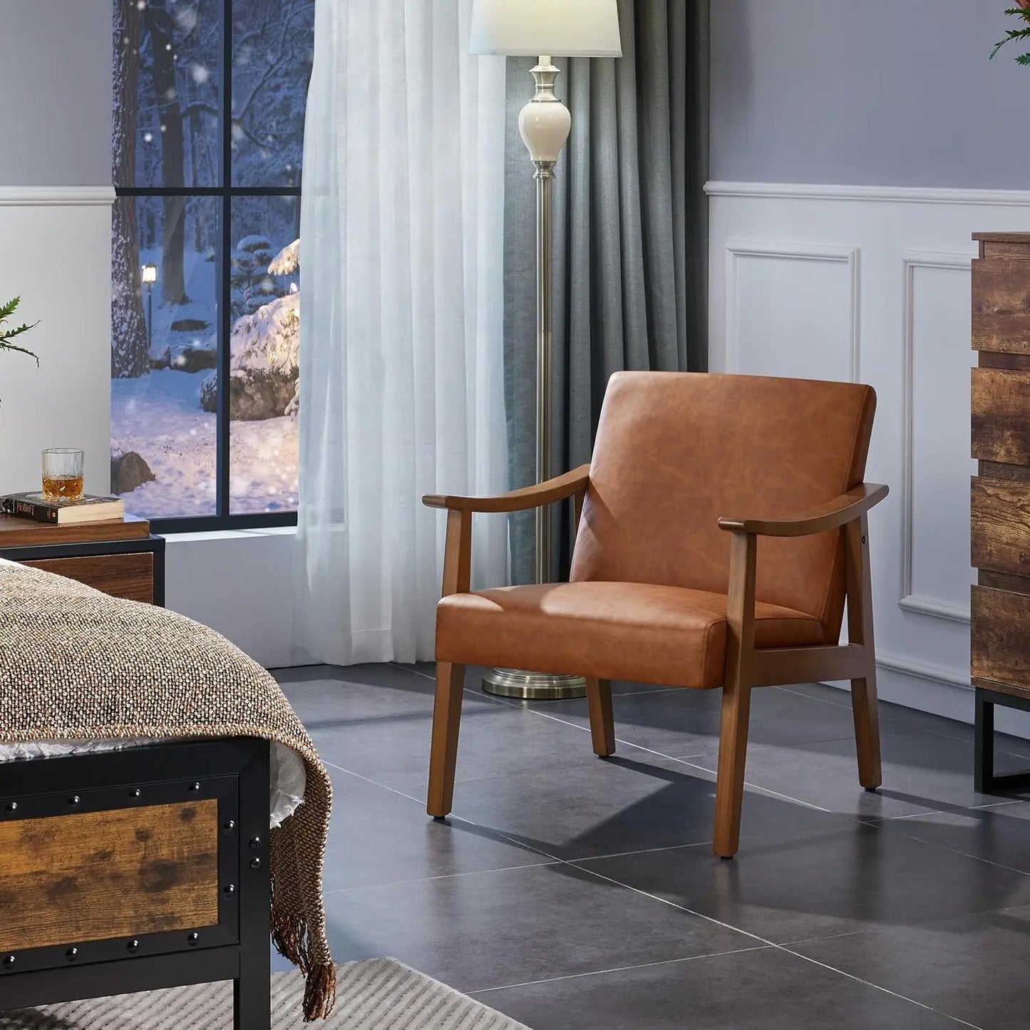 PU Leather Accent Chair, Mid-Century Modern Armchair with Solid Wood Legs, Reading Leisure Chair with High Back for Living Room
