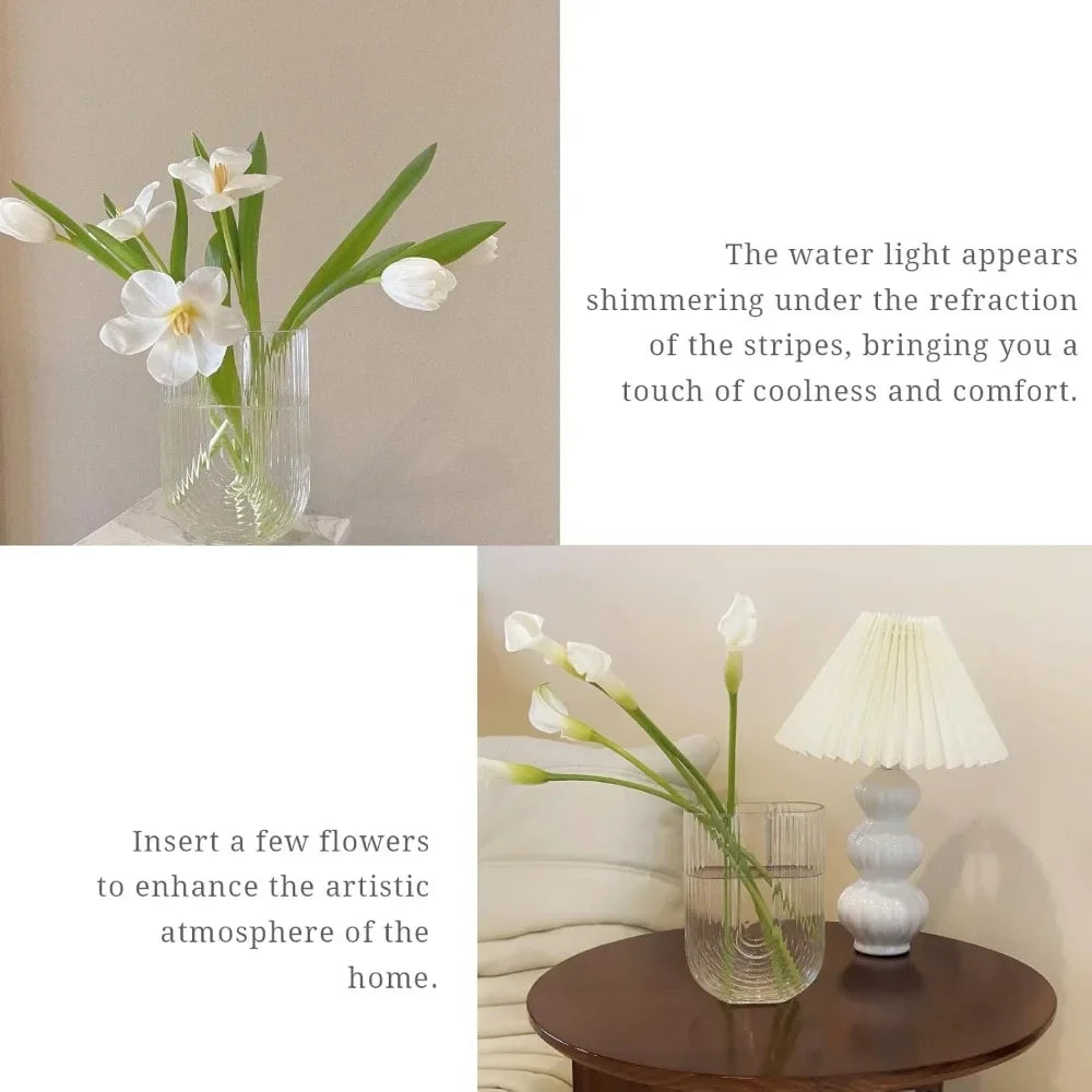 Clear Ribbed Glass Flower Vase,7" H Modern Small Vase, Ellipse U Shaped Fluted Striped Decorative Vase, Fit for Home Living Room
