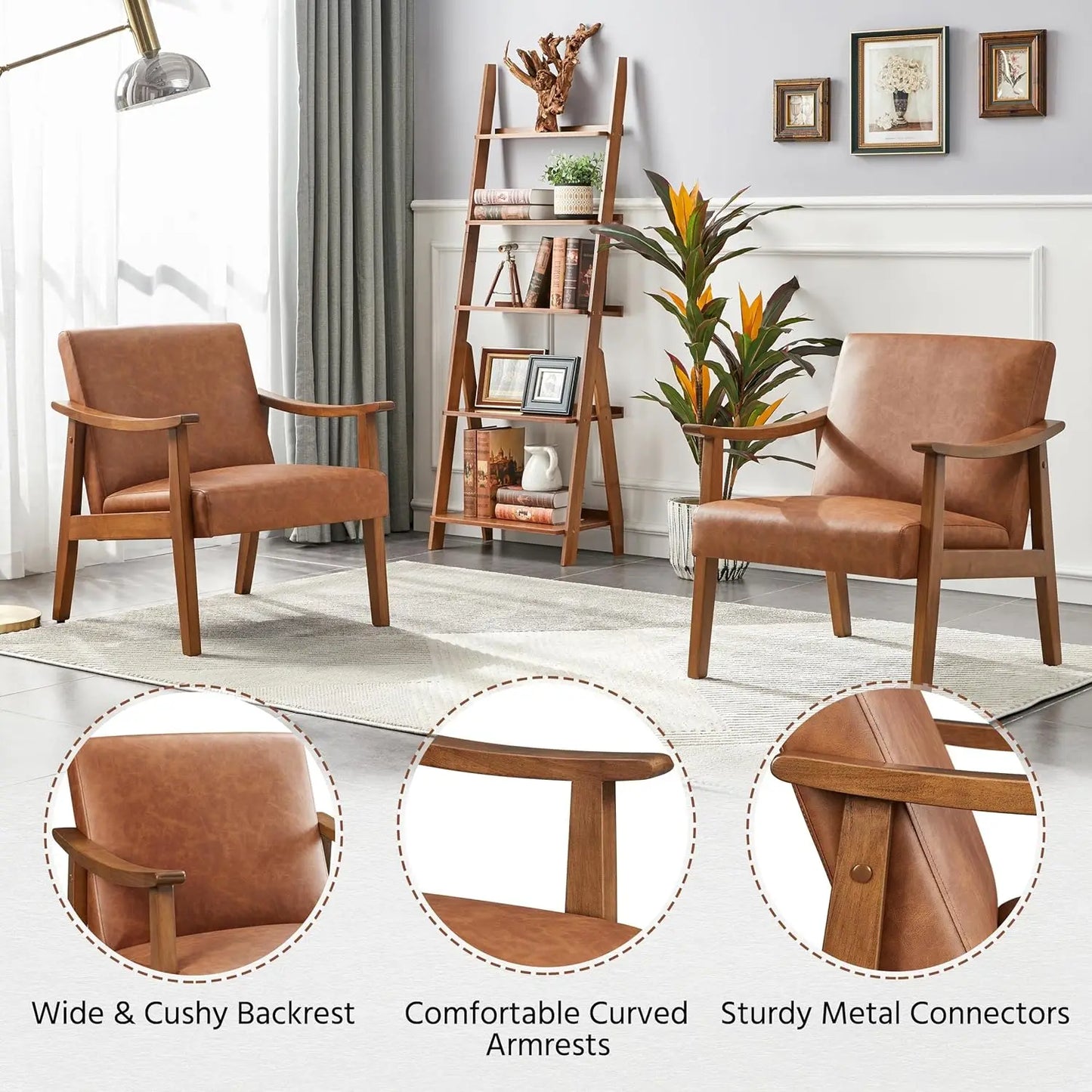PU Leather Accent Chair, Mid-Century Modern Armchair with Solid Wood Legs, Reading Leisure Chair with High Back for Living Room