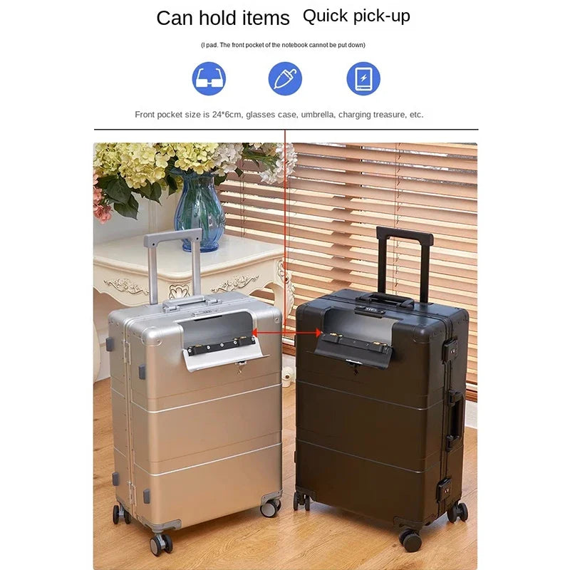 All Aluminum Magnesium Alloy Suitcase Business Trolley Case Portable Front Opening 20 inch Boarding Bag 24“28” Lock Luggage
