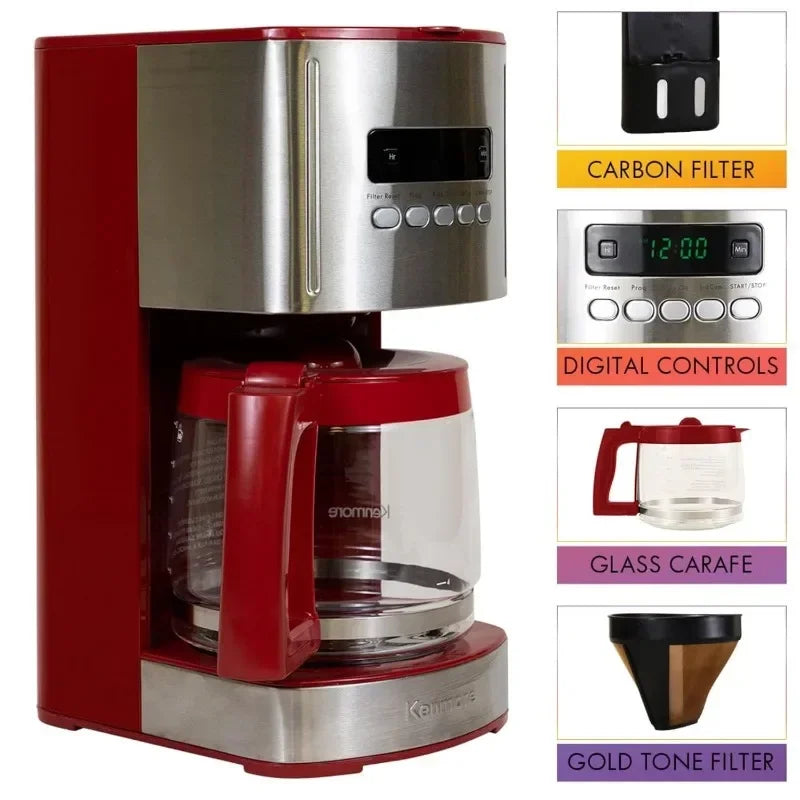 Control 12-cup Programmable Coffee Maker, Red and Stainless Steel Drip Coffee Machine, Glass Carafe