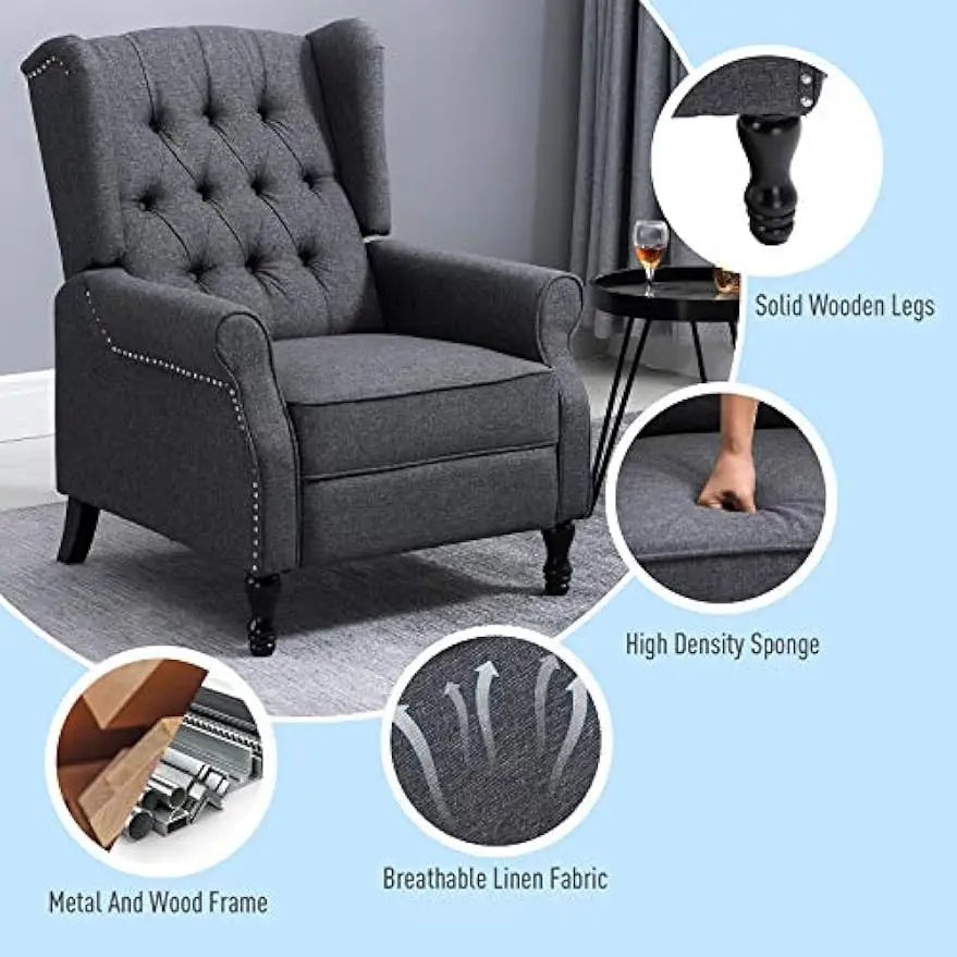 Fabric Upholstered Wingback Recliner, Tufted Push Back Accent Chair, Linen Arm Chair with Footrest, Armrest, Padded Cushion