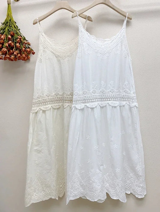 Summer Mori Girl Cotton Linen Loose Spaghetti Strap Hollow Out Midi Dress Vintage Lace Embroidery Elegant Rococo Edwardian Dress