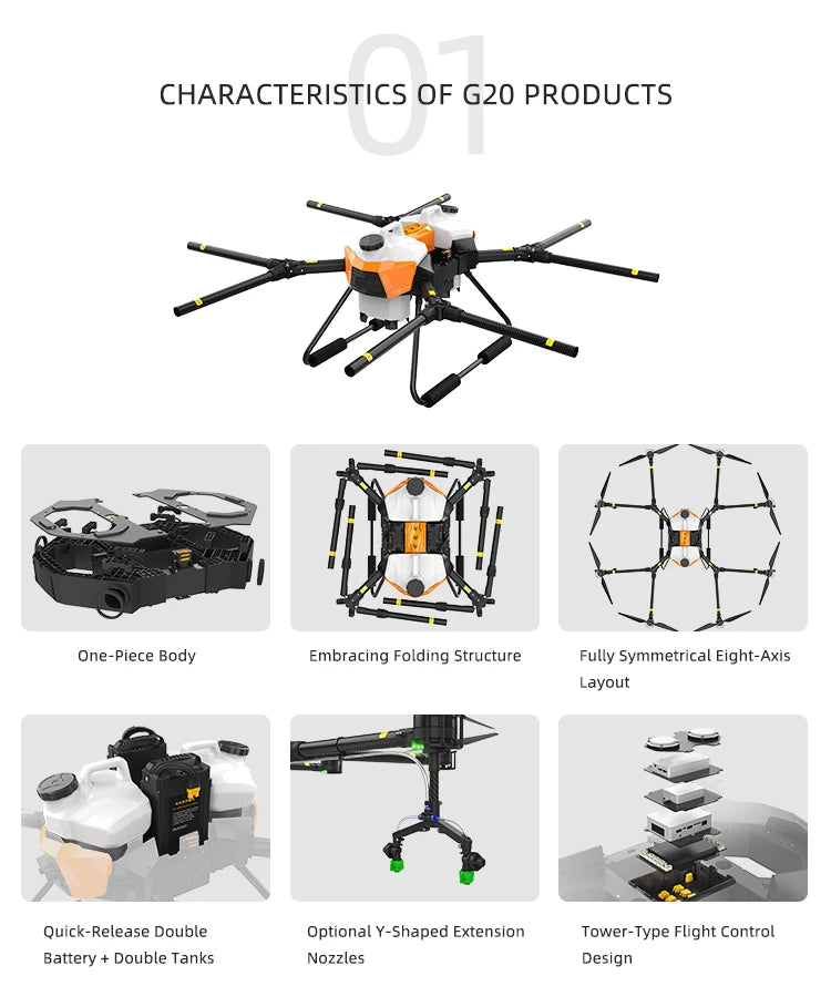 G20-Q Professional farmer Quadcopter frame high efficient agriculture sprayer drone parts with double tank smart plant tool