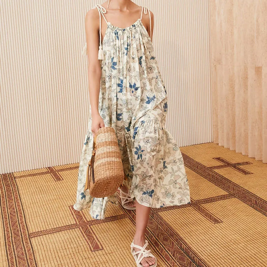 Vintage Print Ladies midi Slip Dress cotton + viscose fashion women sling robe