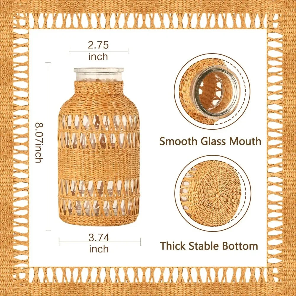 Rustic Farmhouse Vase, Hand Woven Boho Glass Vase for Home Decor, Artistic Decorative Dried Pampas Flower Vases for Bookshlef