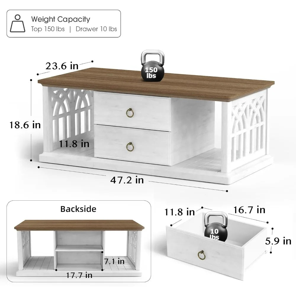 Farmhouse coffee table with storage space, modern coffee table with drawers, living room coffee table with open shelves