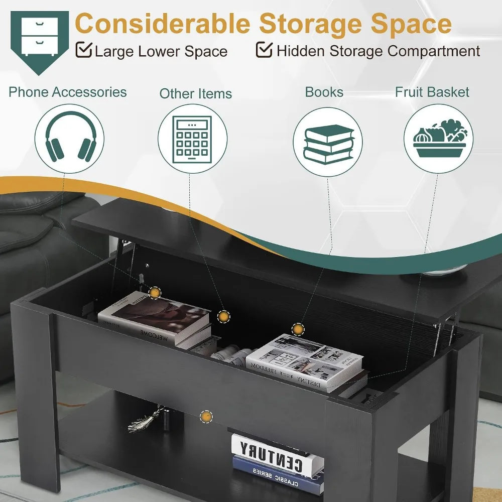 Lift Up Coffee Table, Wooden Lift Up Coffee Table with Hidden Compartments and Storage Shelves