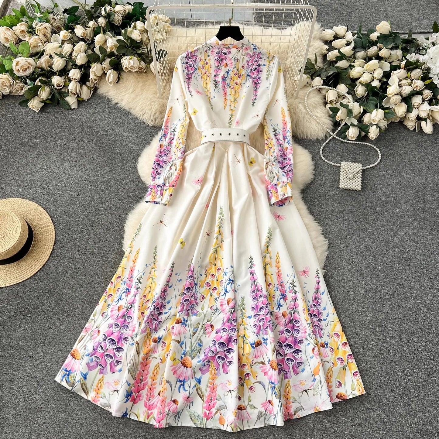 Summer Holiday Lavender Flower Dress Women Bow Collar Long Sleeve Floral Print Belt Single Breasted Belt Long Robe Vestidos 6239