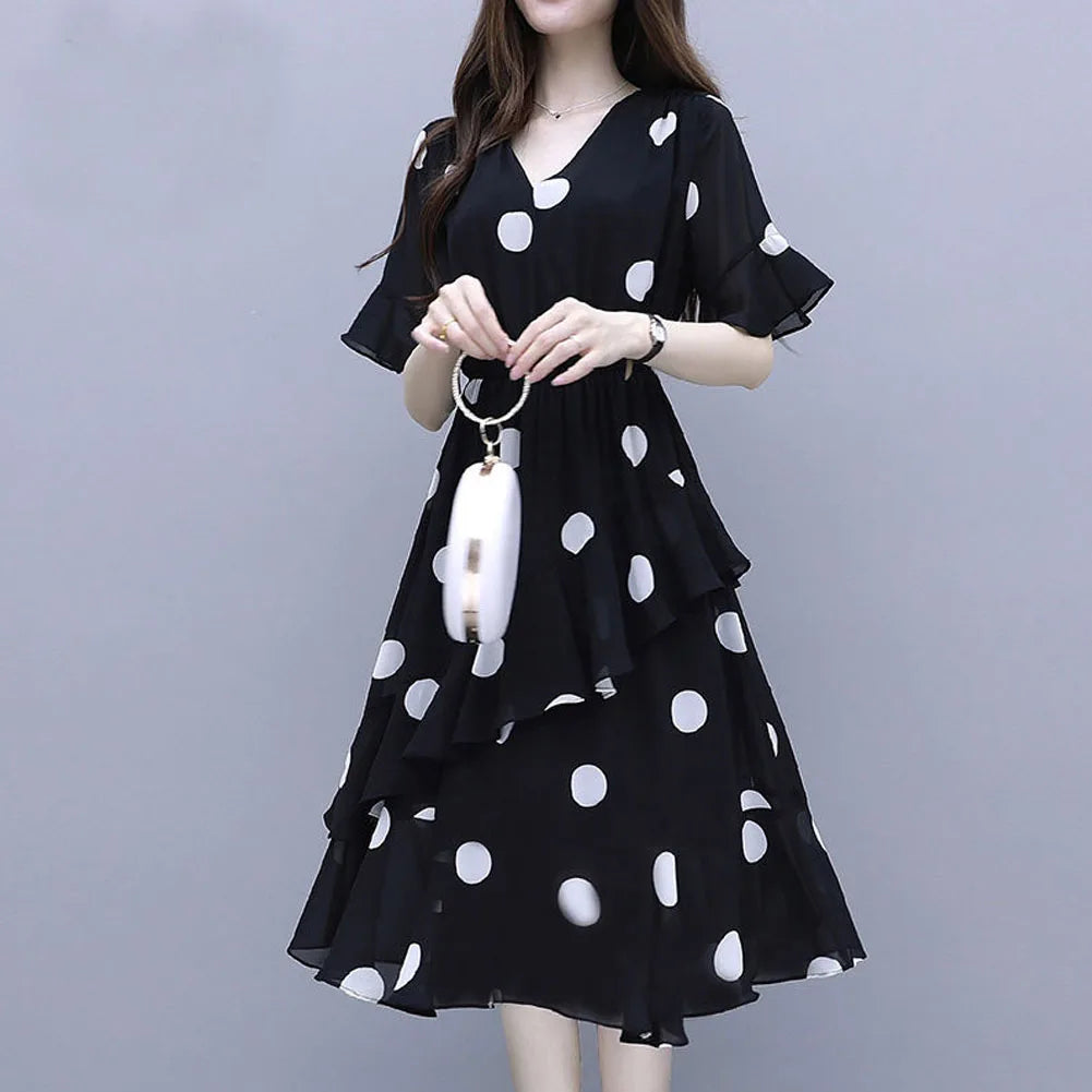Women Midi Dress V-neck Polka Dot High Waist Irregular Short Ruffle Sleeves Summer Dress