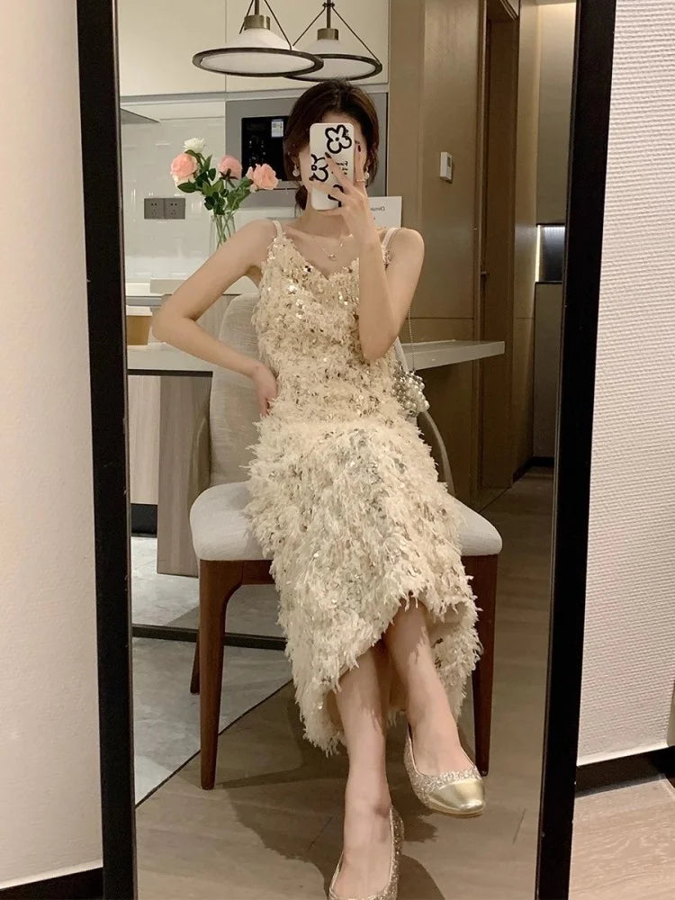 Women Fashion Summer Straps Dress Sexy V-Neck Party Shiny Sequin Tassel Long es High Waist Elegant Sleeveless A-Line