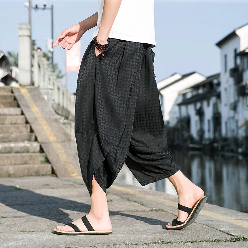 Chinese Traditional Dress Thin Plaid Ice Silk Cropped Pants Summer Loose Plus Size Harem Pants Men Clothing Ethnic Bloomers