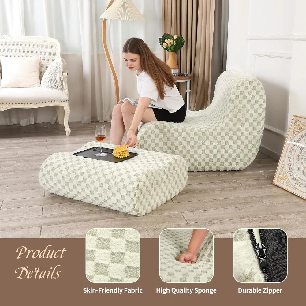 Accent Bean Bag Chair with Footstool, Modern Lazy Sofa Chair with Comfy Jacquard Shaggy Plush,creating a cozy and charming space