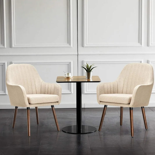 Set of 2 Fabric Dining Chairs, Accent Upholstered Arm Chair w/Wood Legs, Thick Sponge Seat, Non-Slipping Pad, Leisure Chair