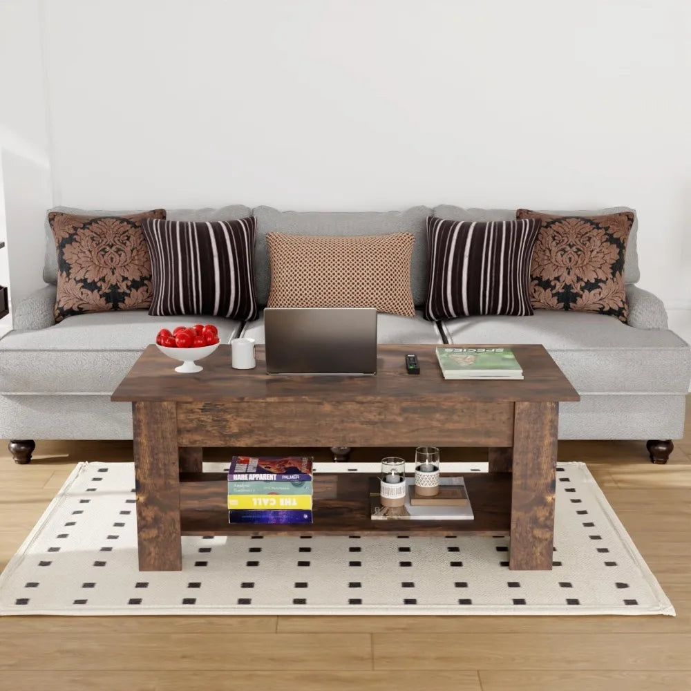 Elevated Coffee Table with Hidden Compartments and Storage Shelves Wooden Elevated Table Top Dining Table for Living Room Home