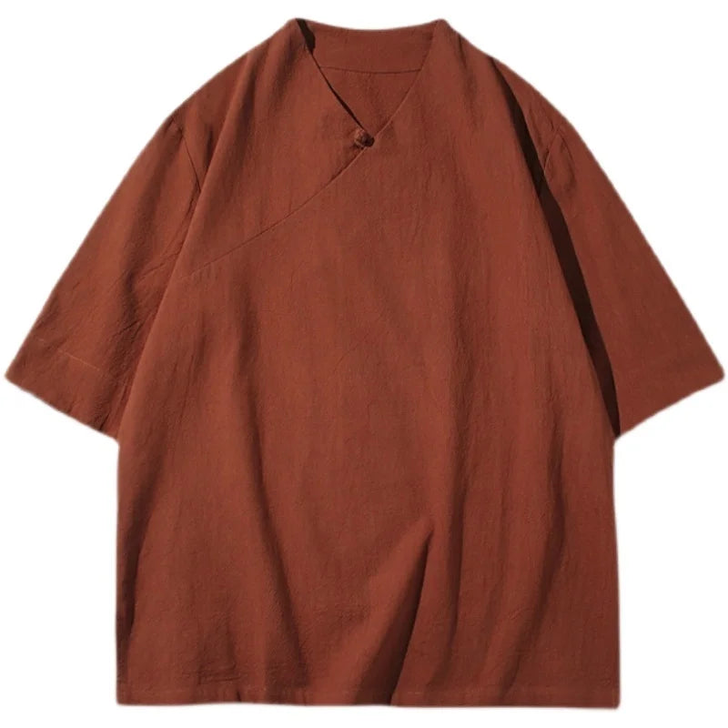 Chinese Traditional Dress Retro V-Neck T-Shirt Men Clothing 2022 Summer Plus Size Five-Point Sleeve Hanfu Black Thin Linen Top