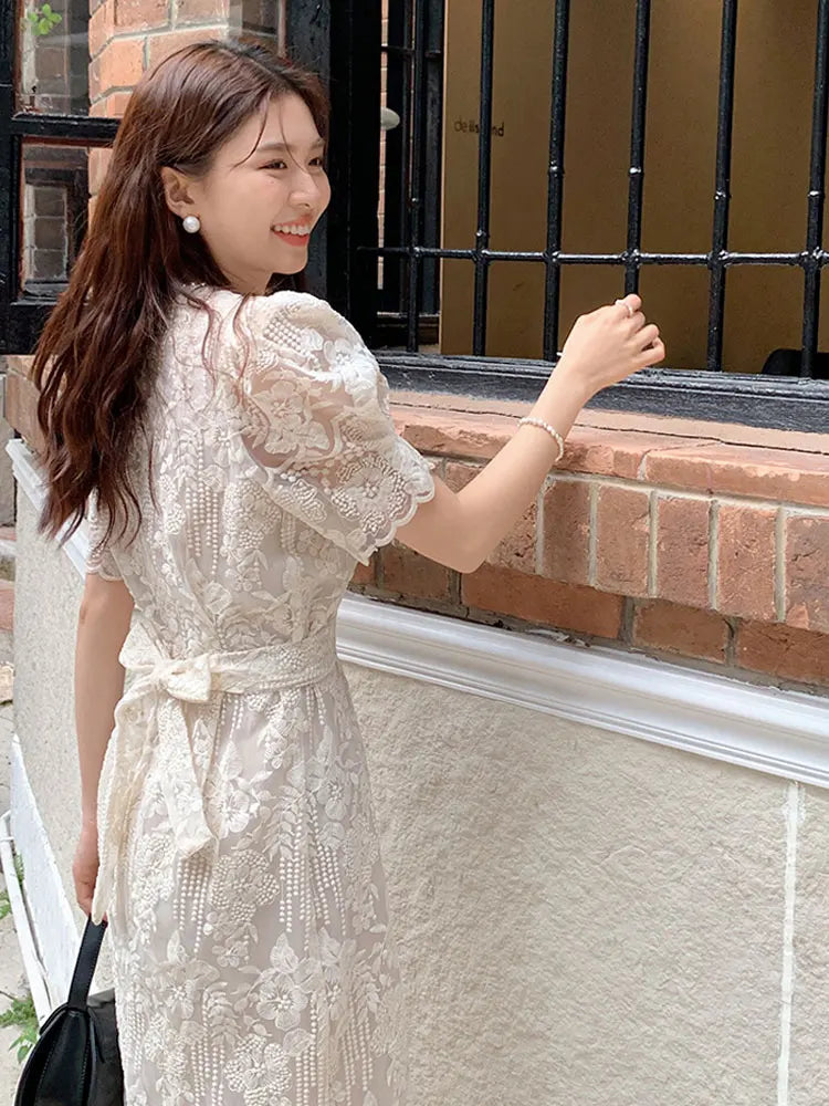 New Summer French Style Lace Women Elegant O Neck Party Midi Dress Fashion Embroidery Cutout Apricot Office Lady Clothes Vestido
