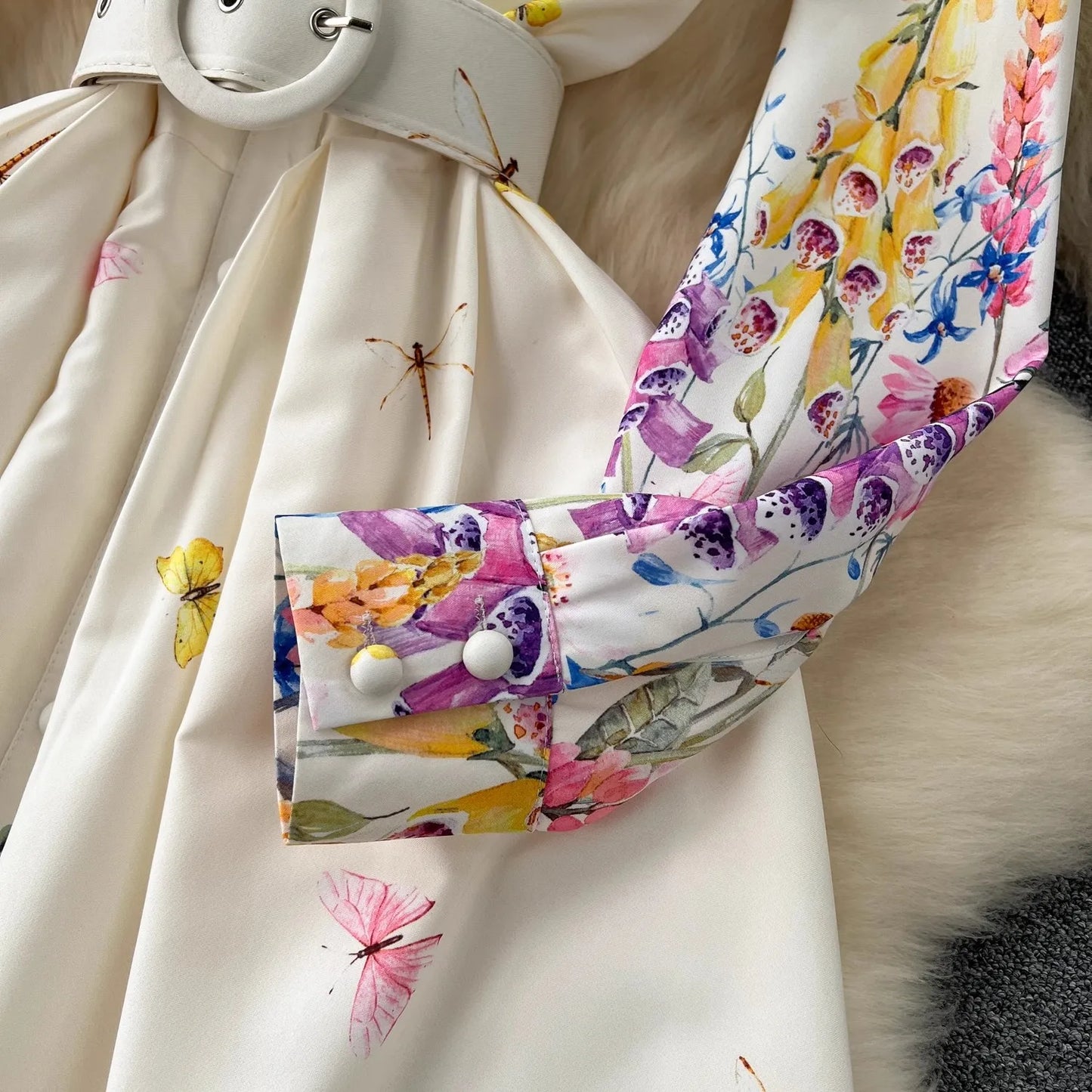 Summer Holiday Lavender Flower Dress Women Bow Collar Long Sleeve Floral Print Belt Single Breasted Belt Long Robe Vestidos 6239