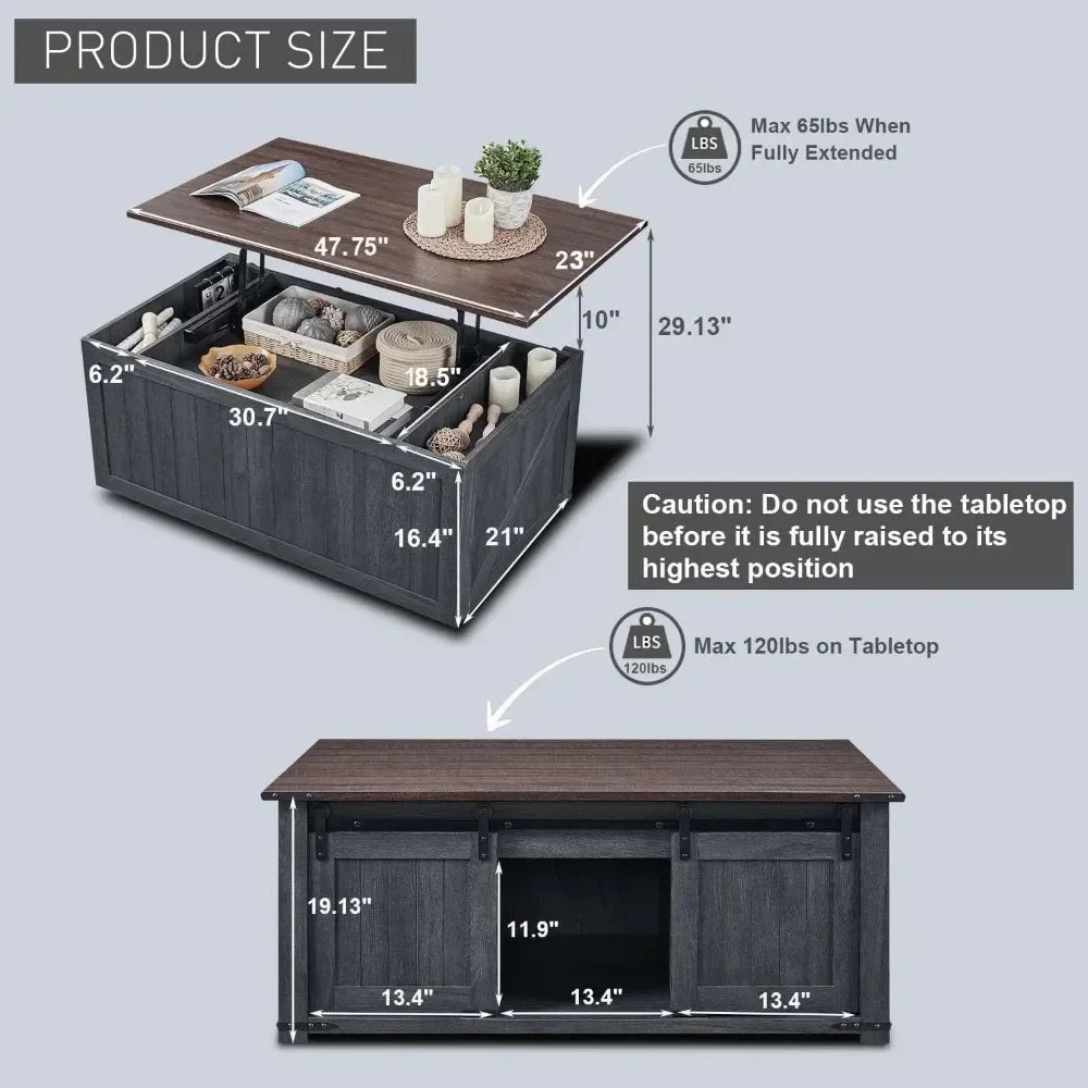 Lift Top Coffee Table with Storage & Sliding Groove Barn Door, W/Double Storage Spaces, Coffee Table