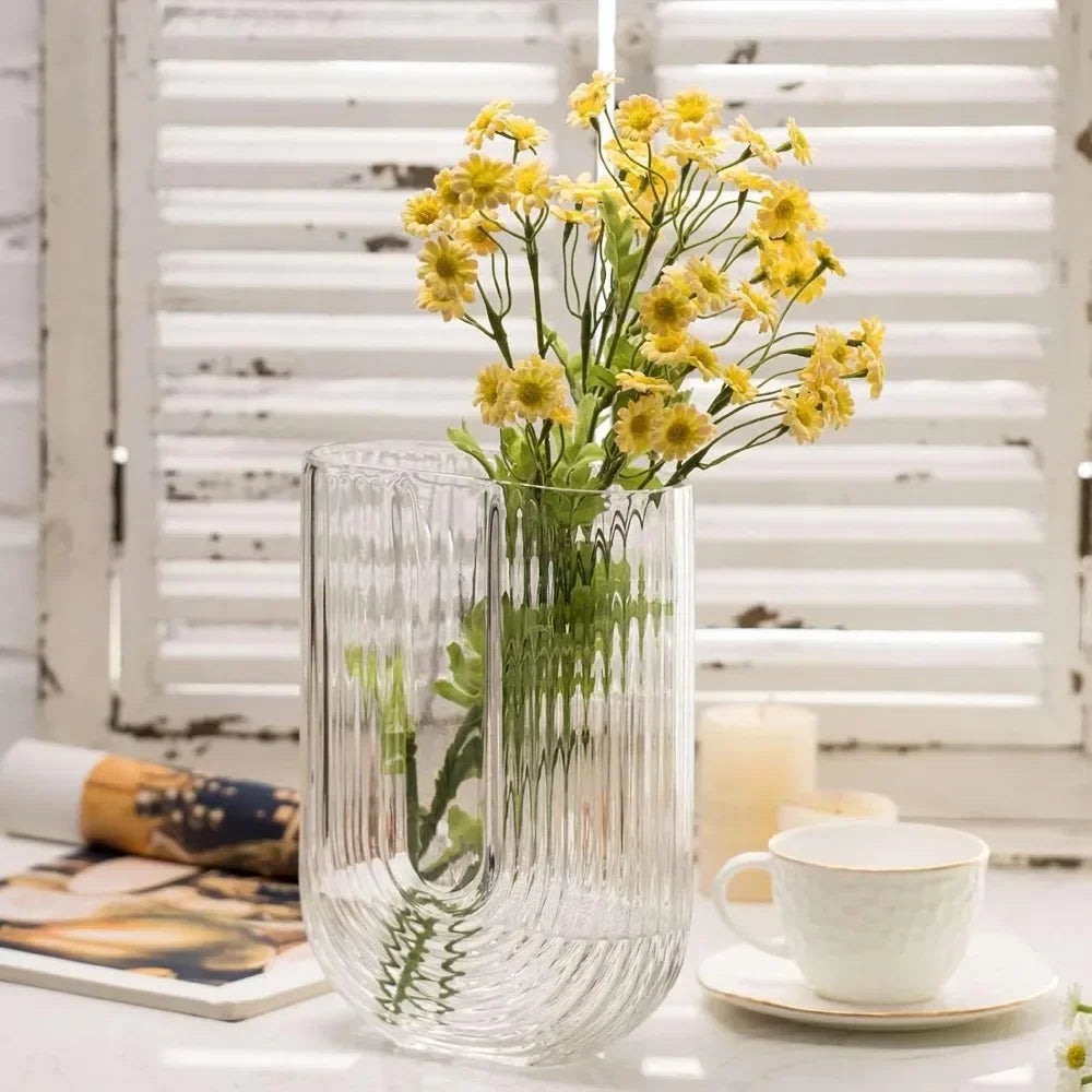 Clear Ribbed Glass Flower Vase,7" H Modern Small Vase, Ellipse U Shaped Fluted Striped Decorative Vase, Fit for Home Living Room