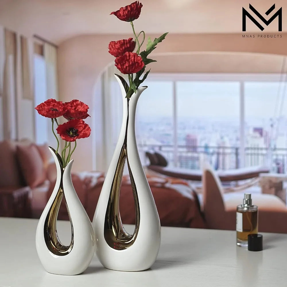 White Ceramic Decorative Vases, Set of 2, Nordic, Modern, Minimalist Design, for Home Decor, Bedroom, Weddings, Restaurants