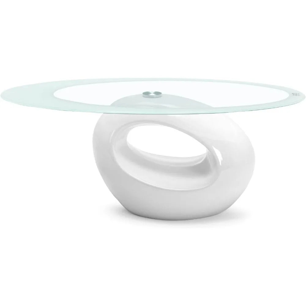 Modern Glass Coffee Table, Oval Glass Table Set, Tempered Glass Tabletop and Smooth Solid Base for Storage