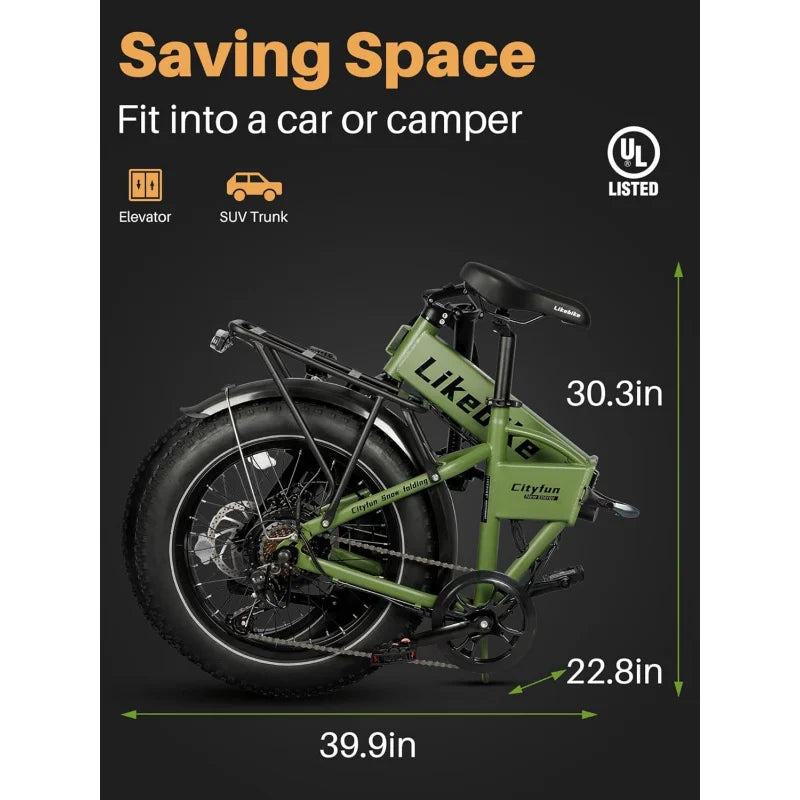 ACityfun Folding Electric Bike Adults,500W Motor Ebike with 20" x 4.0" Fat Tire,60 Miles,48V 10.4Ah Removable Battery Hi