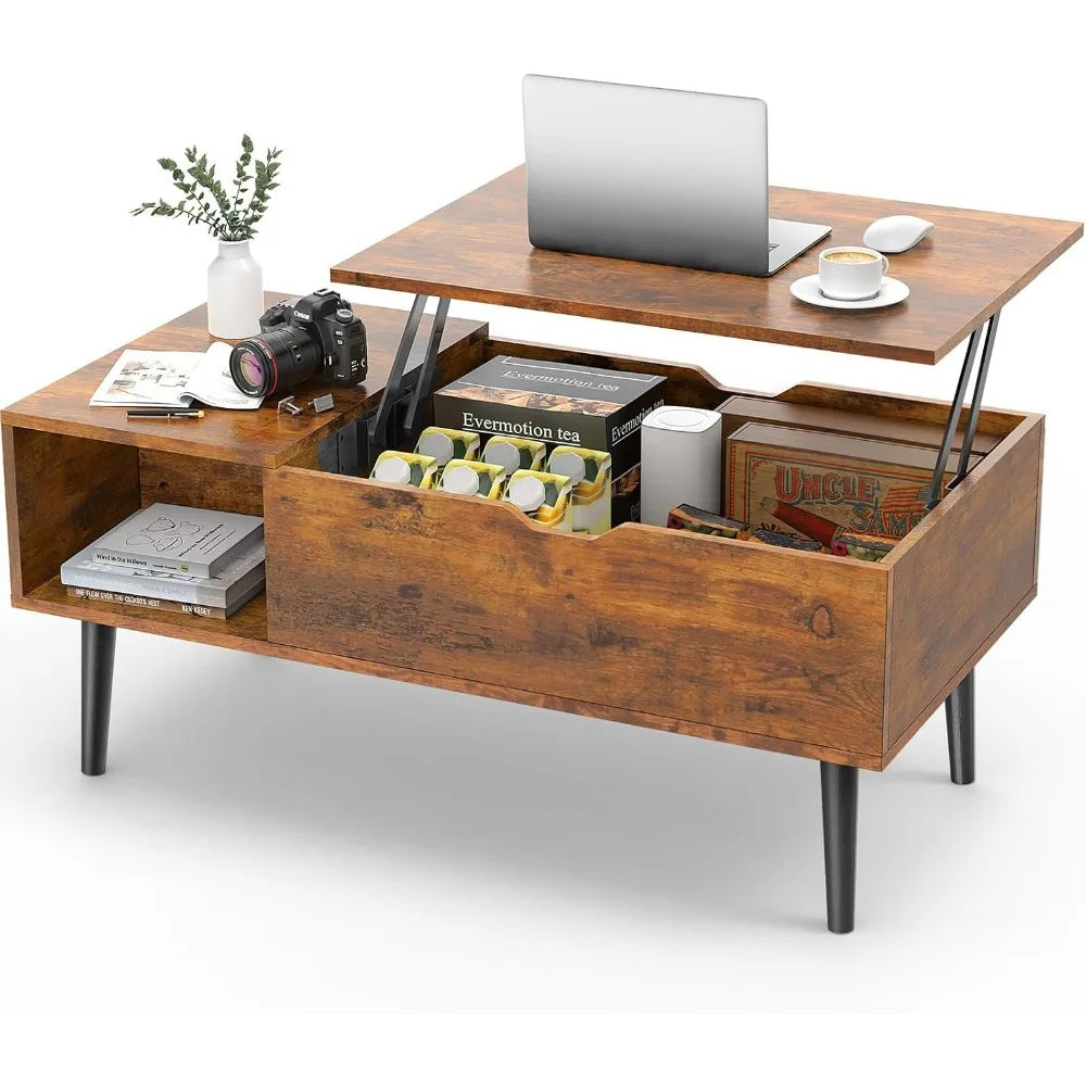 Living Room Lift Coffee Table, Small Lift Wooden Dining Center Table with Storage Rack and Hidden Compartment