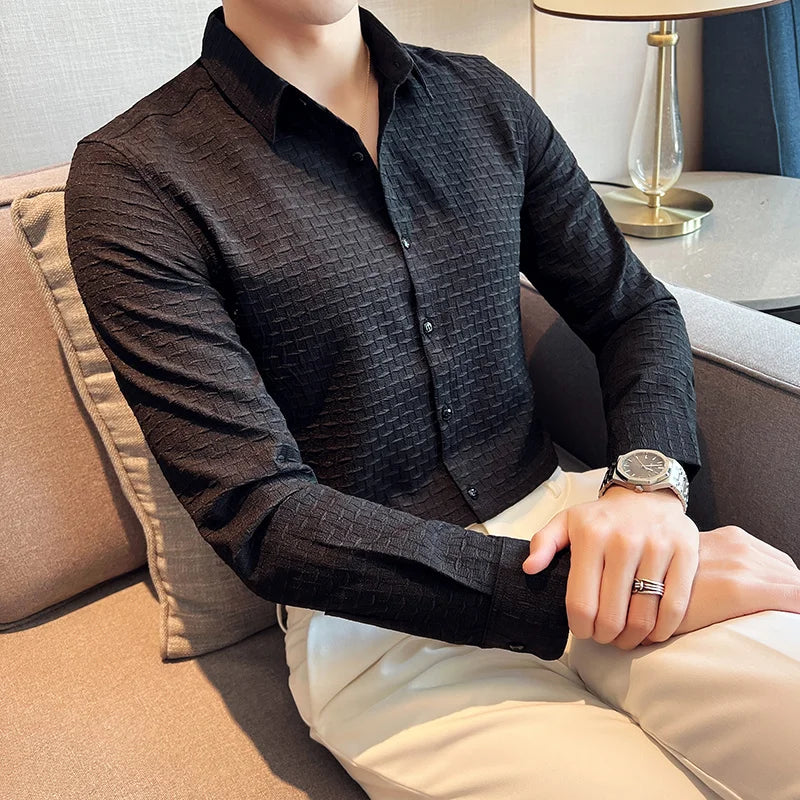 British Style Plaid Shirts Mens Long Sleeve Business Formal Dress Shirt Casual Slim Fit Streetwear Social Party Clothing