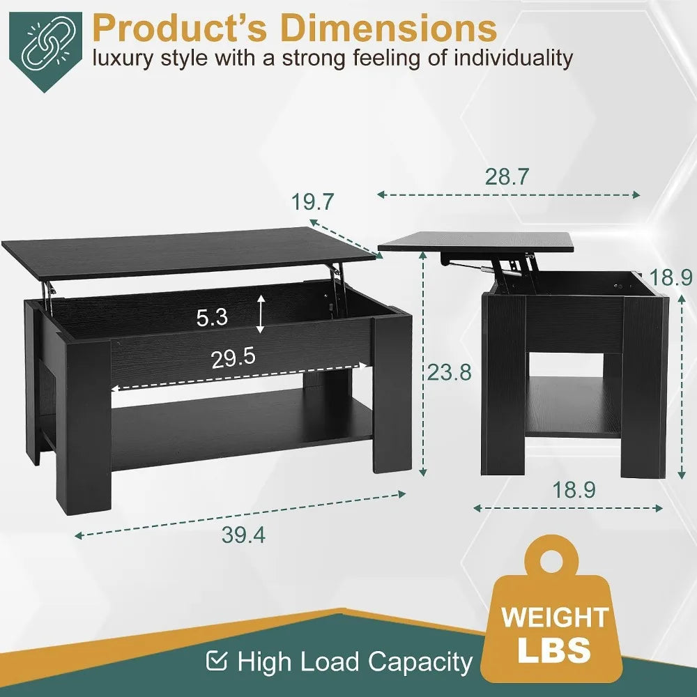 Lift Up Coffee Table, Wooden Lift Up Coffee Table with Hidden Compartments and Storage Shelves
