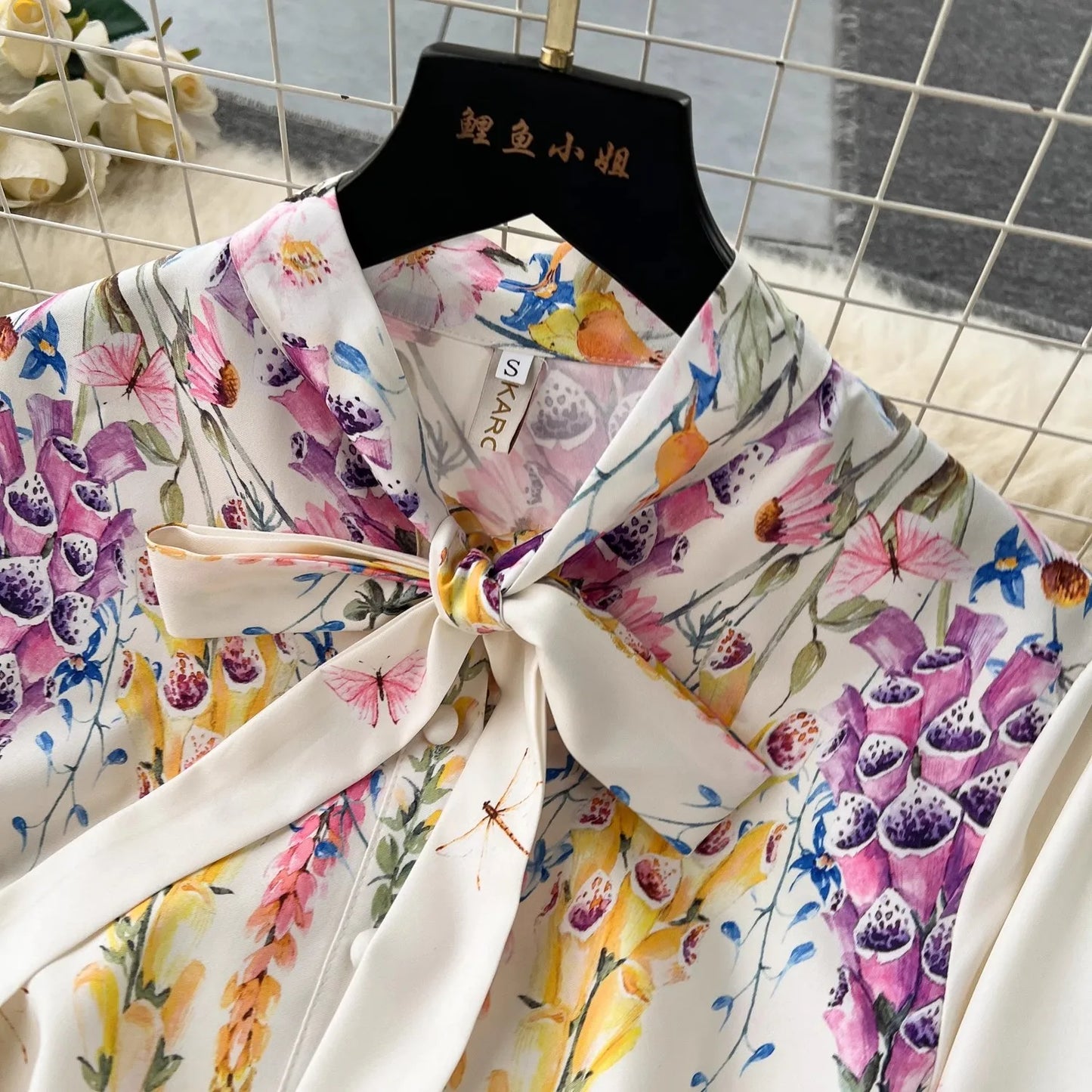 Summer Holiday Lavender Flower Dress Women Bow Collar Long Sleeve Floral Print Belt Single Breasted Belt Long Robe Vestidos 6239