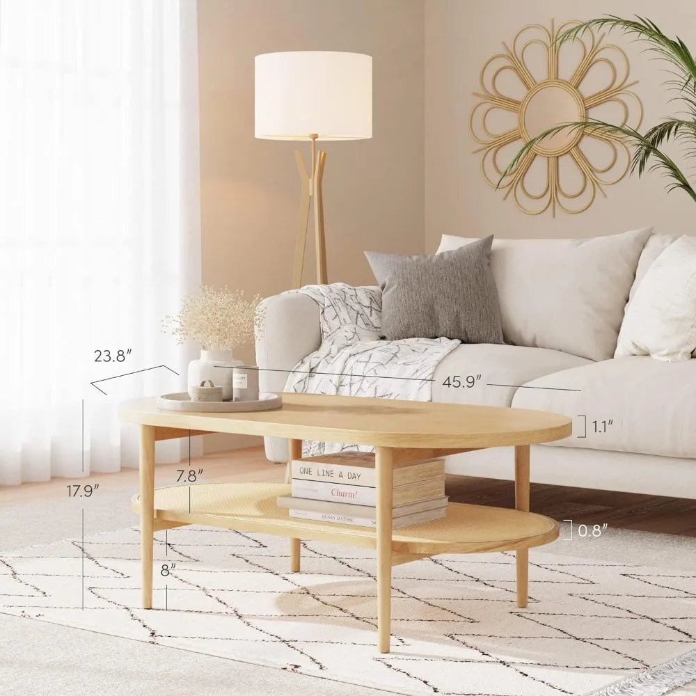 James Sonia Coffee Table with Storage Shelf, Light Wood/Rattan