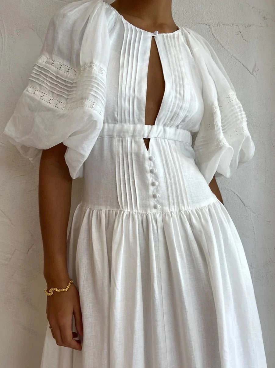 Women Lace Embroidery Linen Midi Dress O-Neck Short Lantern Sleeve Folds Decoration Lady long dress