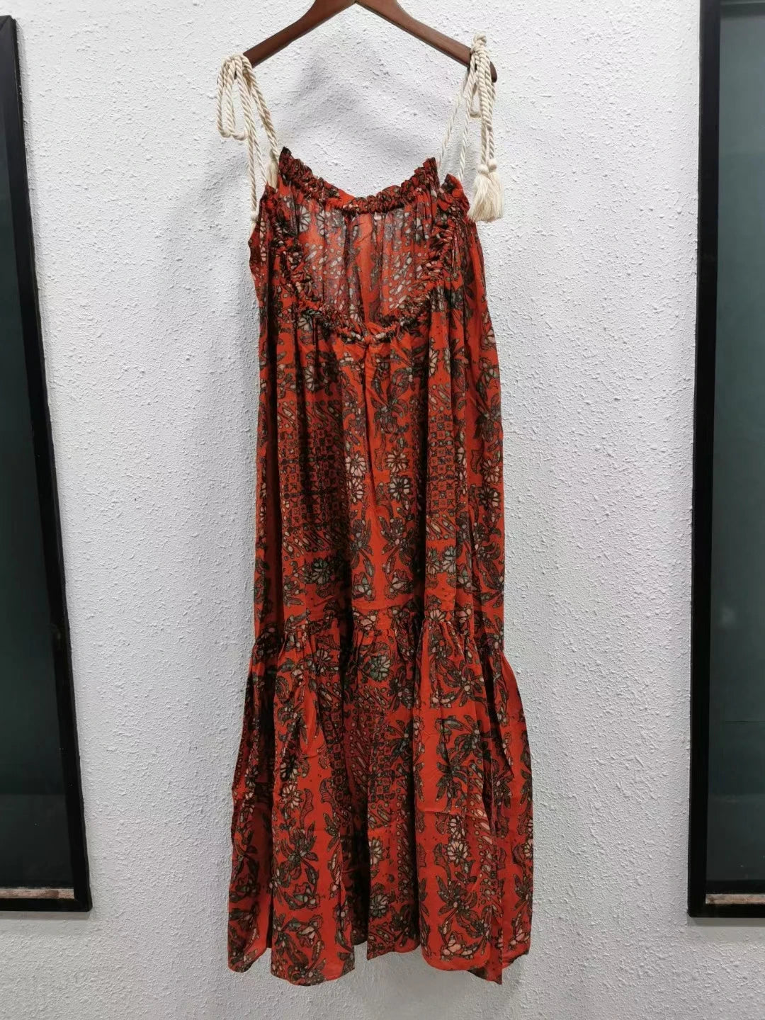 Vintage Print Ladies midi Slip Dress cotton + viscose fashion women sling robe