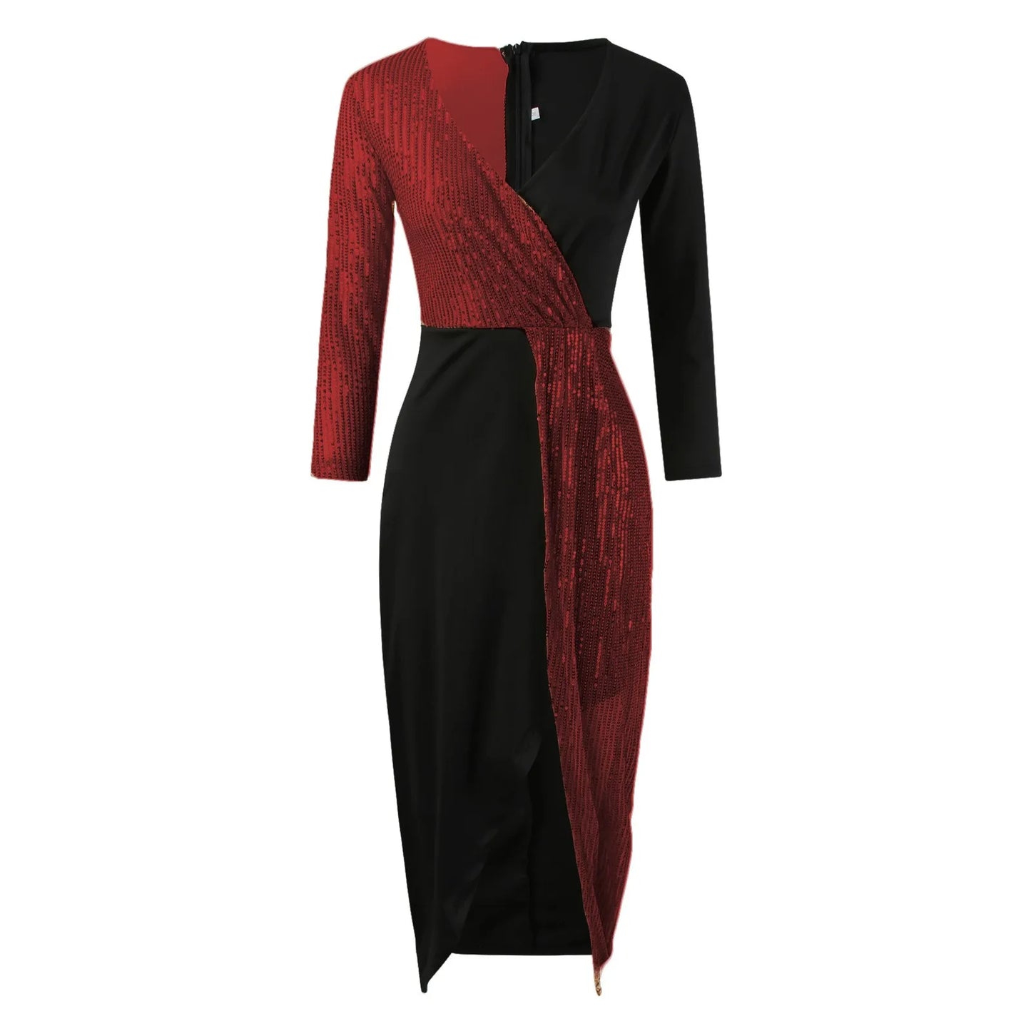 2024 New Luxury High Waist Party Dress Elegant Black Gold Sequins Splice Long Sleeve Prom Split Women Midi Dresses Vestidos