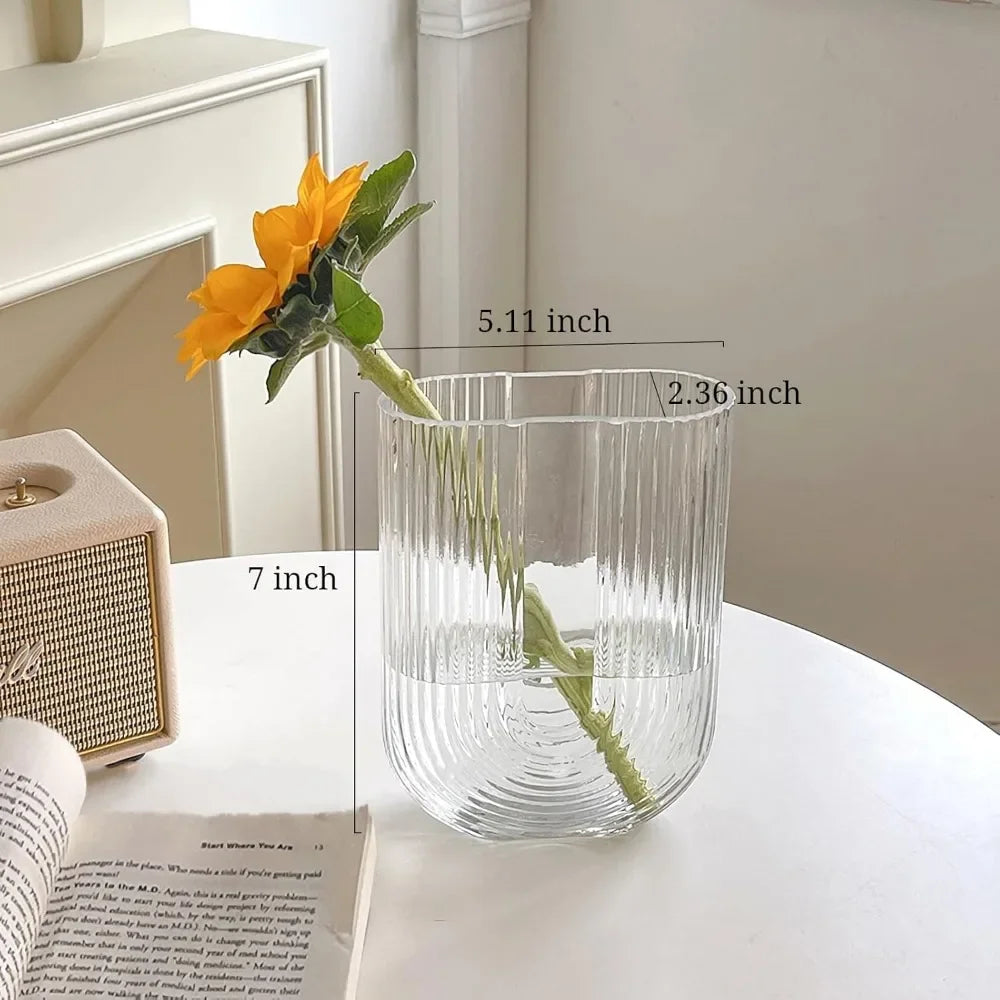Clear Ribbed Glass Flower Vase,7" H Modern Small Vase, Ellipse U Shaped Fluted Striped Decorative Vase, Fit for Home Living Room