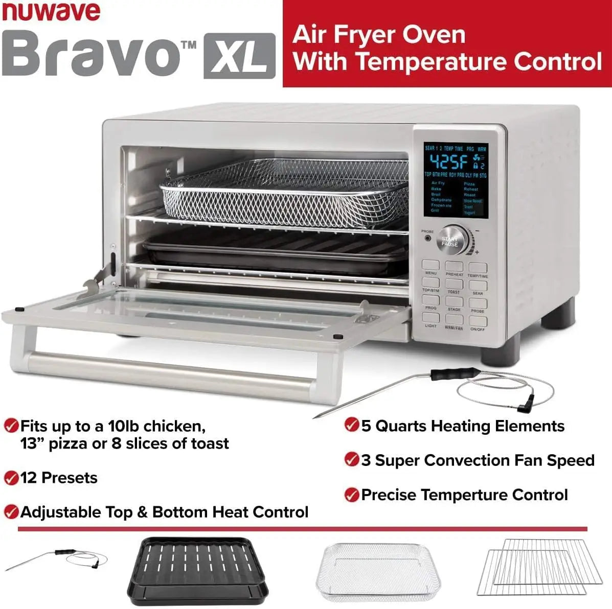 Bravo Convection Toaster Ovens Air Fryer Combo with 30QT Large Capacity For A Whole Chicken and 13" Pizza. Multi-Layer Cooking,