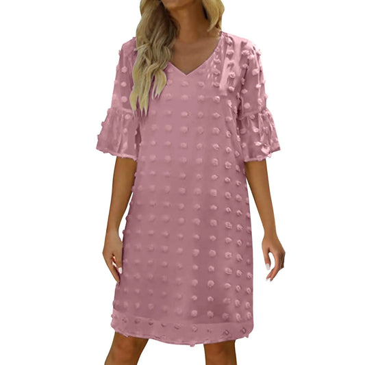 2024 Summer Beach Casual Dress For Women Solid Color V-Neck Flare Sleeve Short Dresses Polka Dot Flowy Temperament Ladies Dress