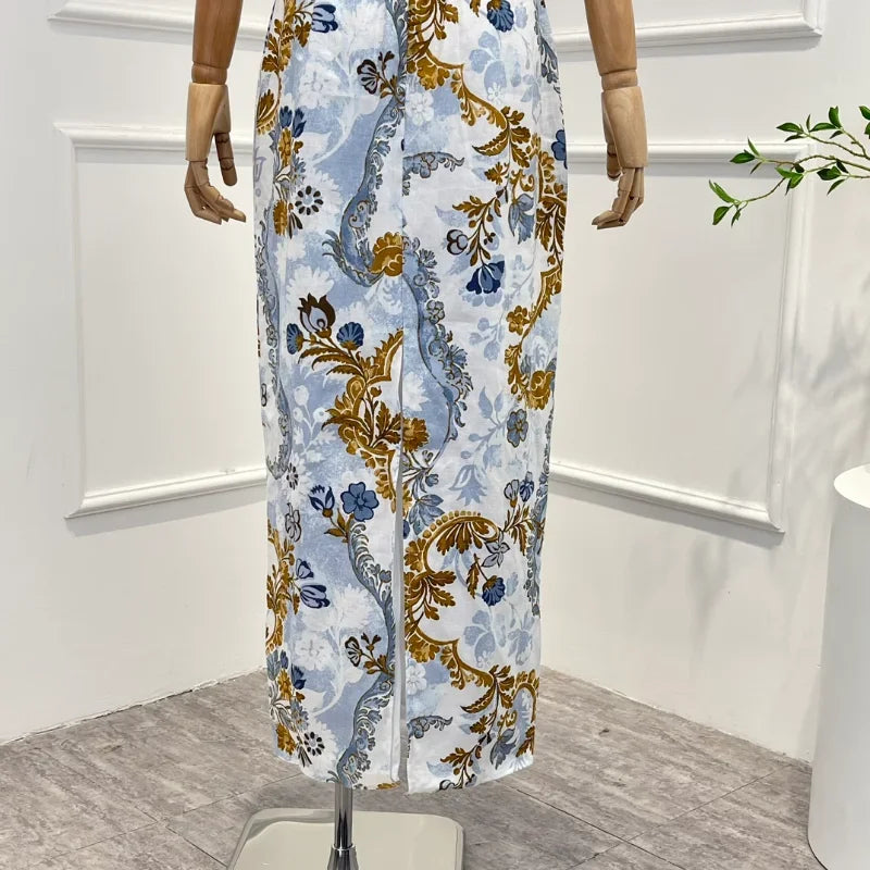 2024 Summer New Women Fashion Top Quality Blue Linen Vintage Floral Print Folds Camisole Back Split Pencil Midi Dress