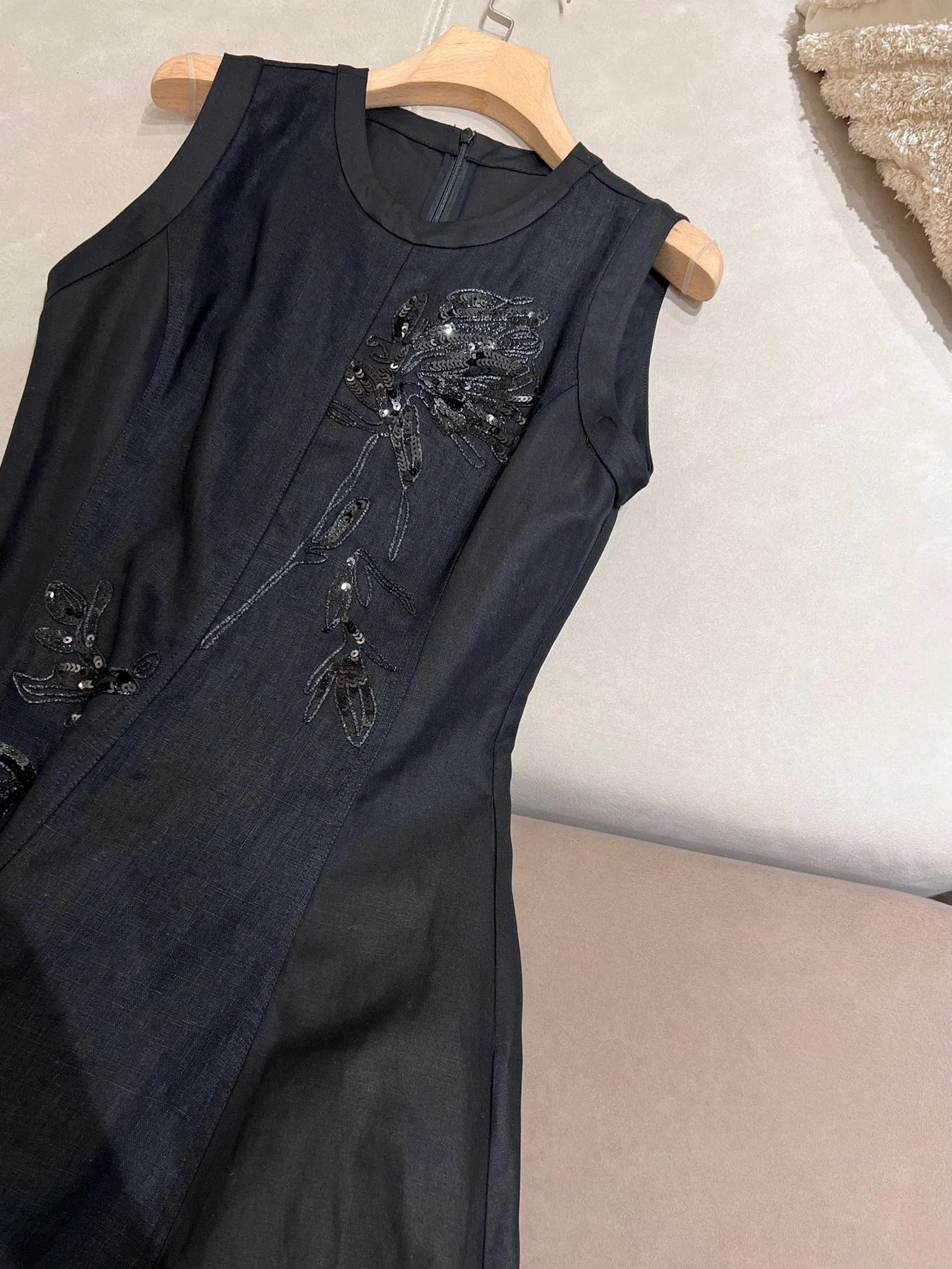 Summer B*C Women's Dress Linen Pullover Sleeveless Embroidery Dresses Woman Clothing High Quality Skirt Sparkling Sequins