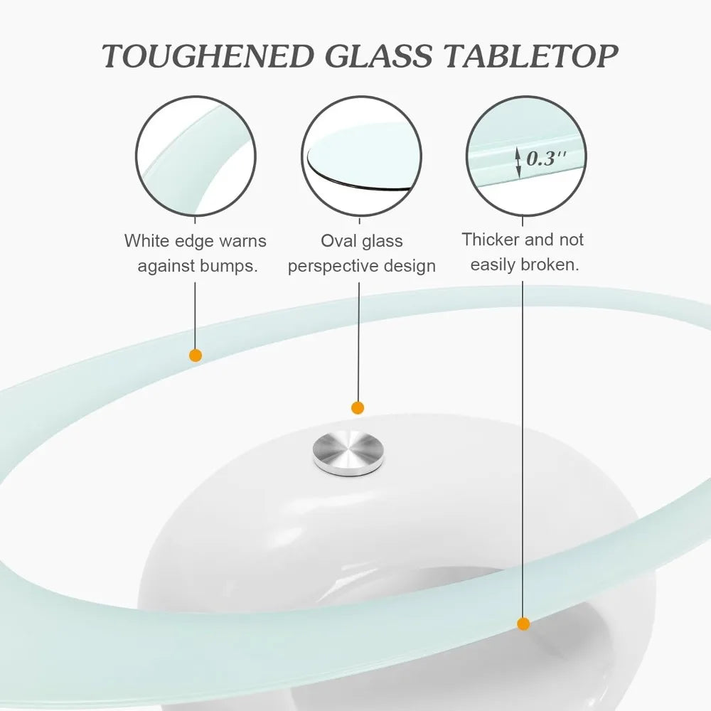 Modern Glass Coffee Table, Oval Glass Table Set, Tempered Glass Tabletop and Smooth Solid Base for Storage