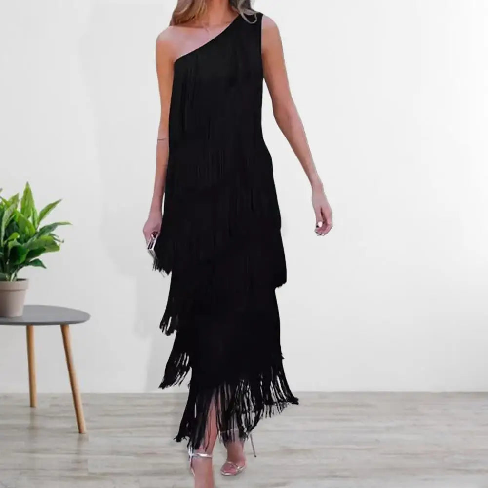 Evening Dress Elegant Fringed Tassel Maxi Dress for Women One Shoulder Asymmetric Evening Gown Cocktail Party Prom Dress