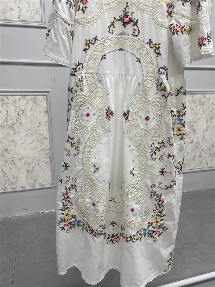 Cotton Linen Women Floral Print Midi Dress Retro Lace Hollow Out Embroidery Short Sleeve Robe for Ladies 2024 Early Autumn