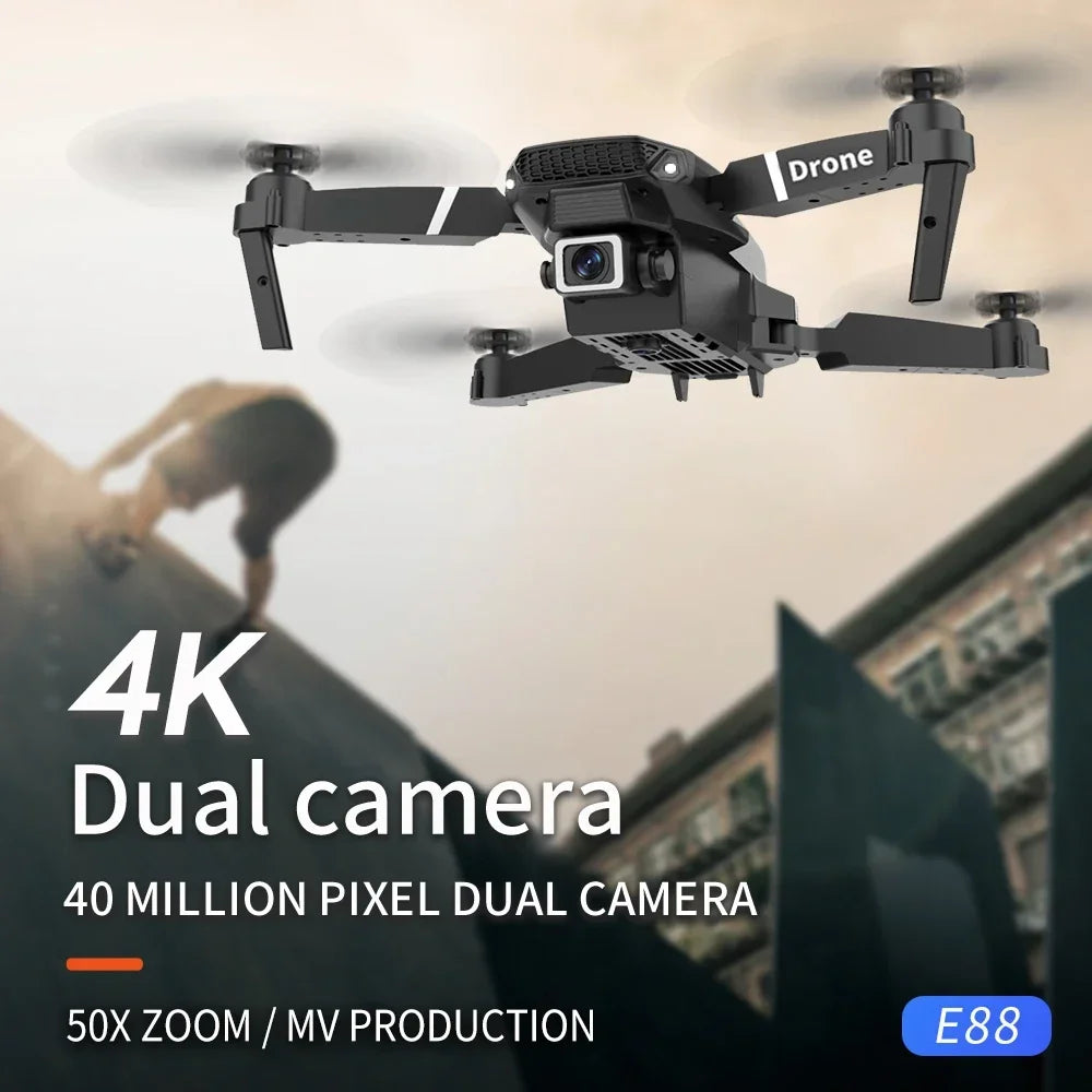 E88 RC Drone Professional HD Camera Quadcopter 4K Wide-Angle WiFi FPV Height Hold Foldable Helicopter Children's Aircraft Toys