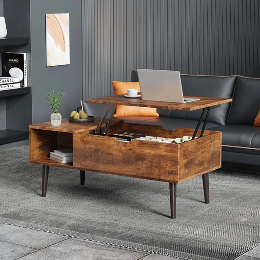 Living Room Lift Coffee Table, Small Lift Wooden Dining Center Table with Storage Rack and Hidden Compartment