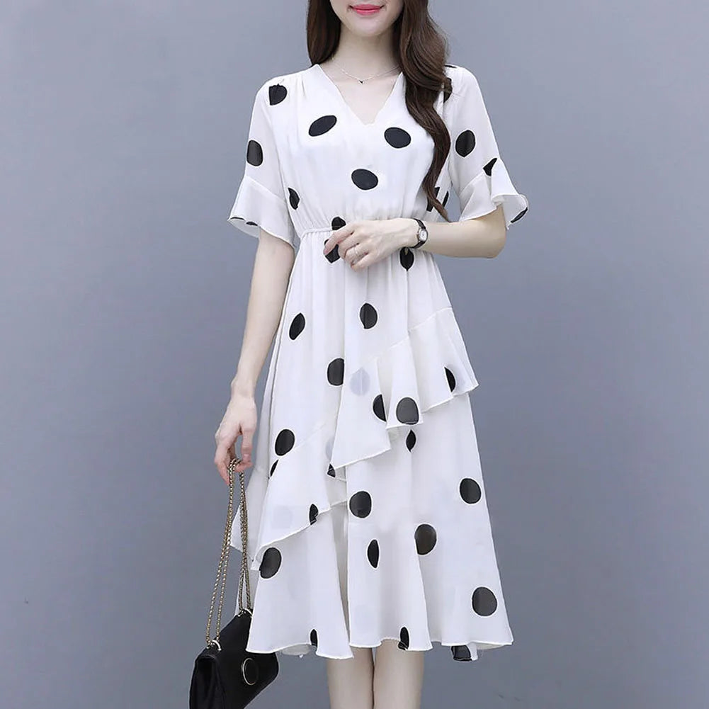Women Midi Dress V-neck Polka Dot High Waist Irregular Short Ruffle Sleeves Summer Dress