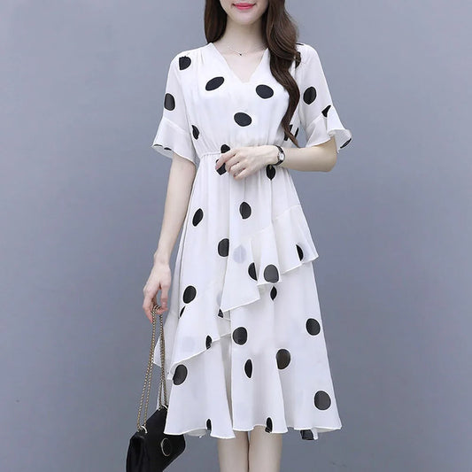 Women Midi Dress V-neck Polka Dot High Waist Irregular Short Ruffle Sleeves Summer Dress