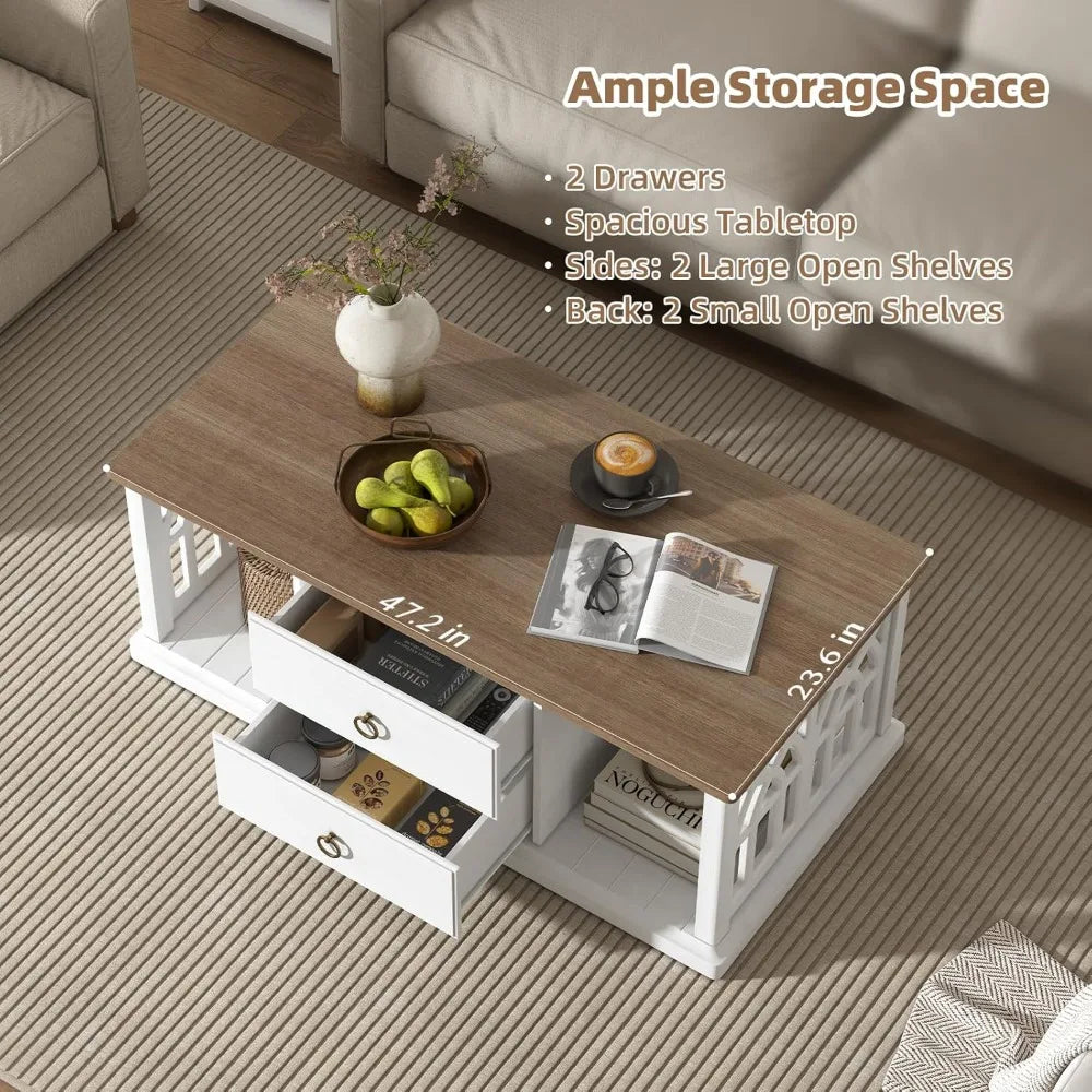 Farmhouse coffee table with storage space, modern coffee table with drawers, living room coffee table with open shelves