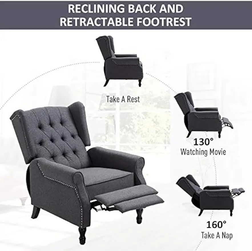 Fabric Upholstered Wingback Recliner, Tufted Push Back Accent Chair, Linen Arm Chair with Footrest, Armrest, Padded Cushion