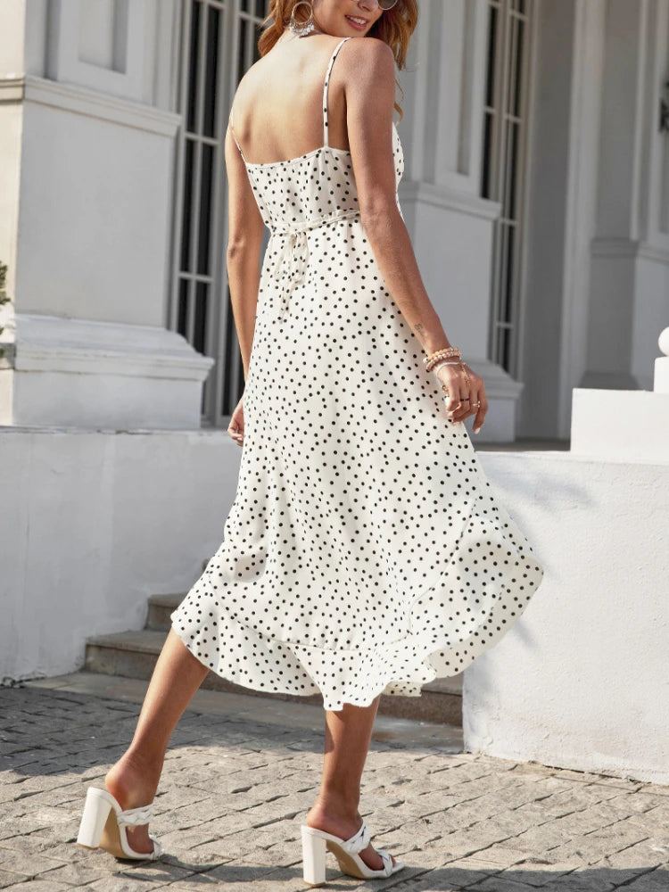 Women Camisole Dresses Fashion Polka Dot Print Spaghetti Strap Midi Sundress Summer Beach Party V-Neck Sleeveless Vestidos Femme